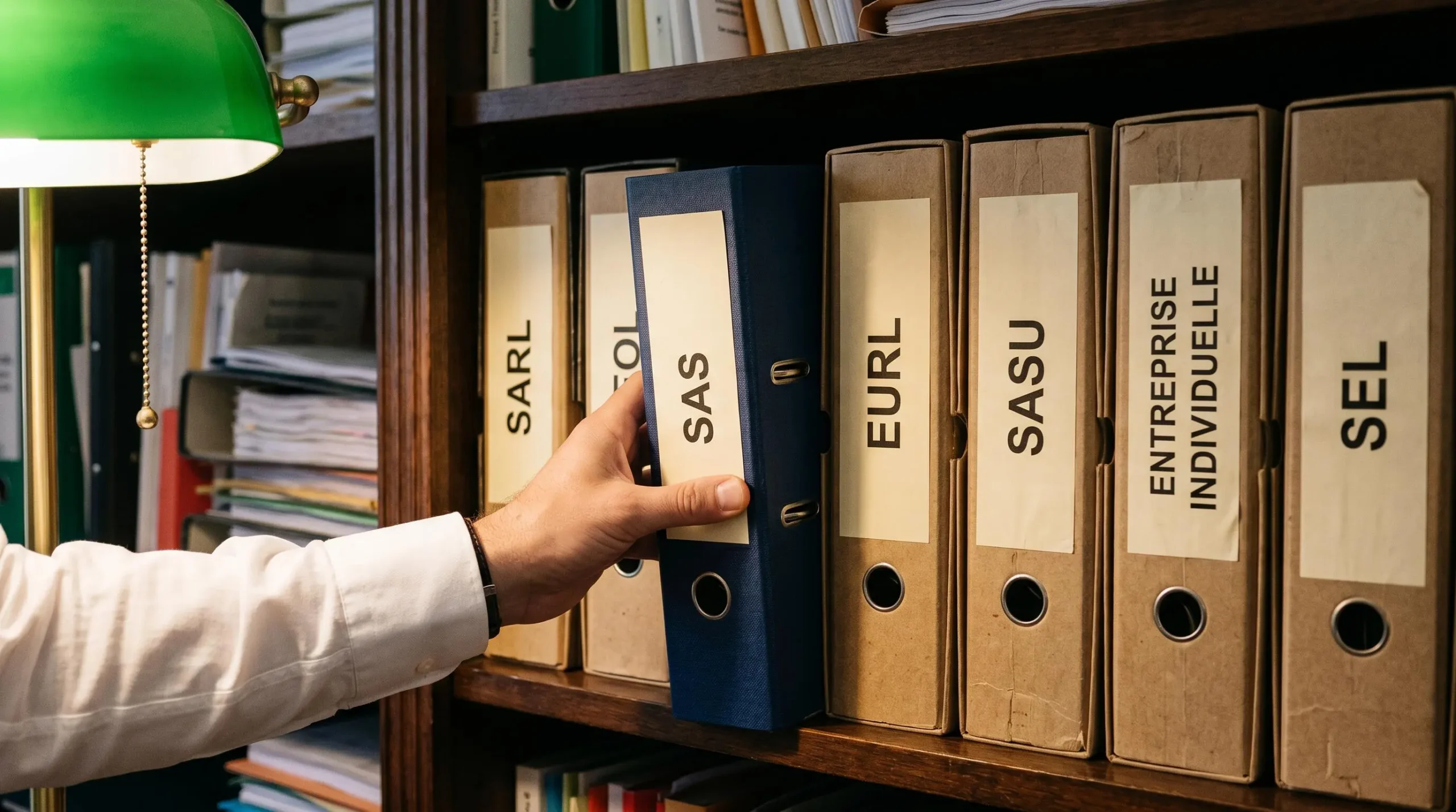 Étagère de cabinet juridique avec classeurs professionnels étiquetés en français SARL, SAS, EURL, SASU, Entreprise Individuelle et SEL, main en chemise blanche saisissant le classeur SAS