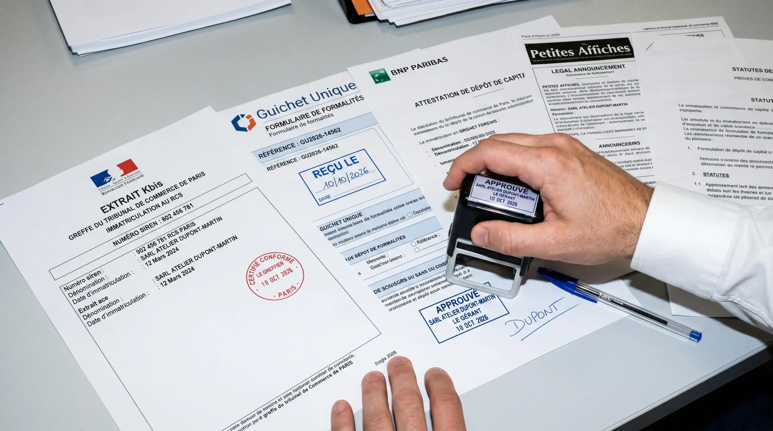 Gros plan sur documents officiels français de création d'entreprise finalisés : extrait Kbis avec logo Marianne et tampon certifié conforme, formulaire Guichet Unique tamponné, attestation dépôt capital, main en chemise blanche apposant tampon approuvé