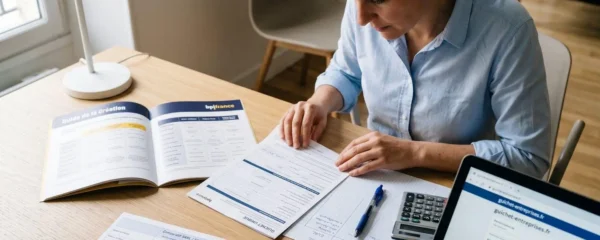 Vue plongeante sur un bureau contemporain avec documents officiels français de création d'entreprise étalés : formulaire Guichet Unique, guide Bpifrance, tableau comparatif SARL/SAS manuscrit, calculatrice et ordinateur portable, entrepreneur en chemise bleue consultant les documents en arrière-plan