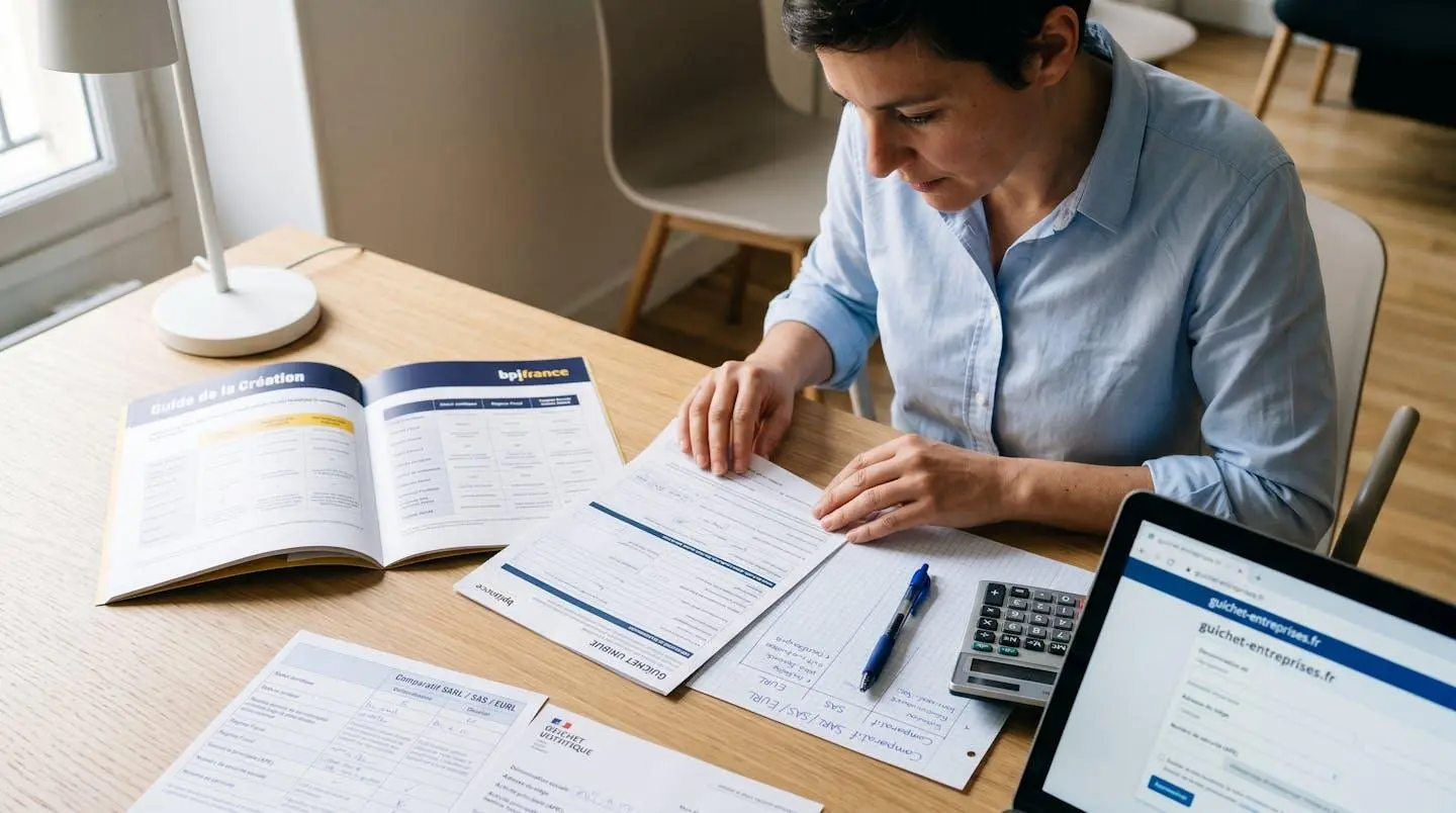 Vue plongeante sur un bureau contemporain avec documents officiels français de création d'entreprise étalés : formulaire Guichet Unique, guide Bpifrance, tableau comparatif SARL/SAS manuscrit, calculatrice et ordinateur portable, entrepreneur en chemise bleue consultant les documents en arrière-plan